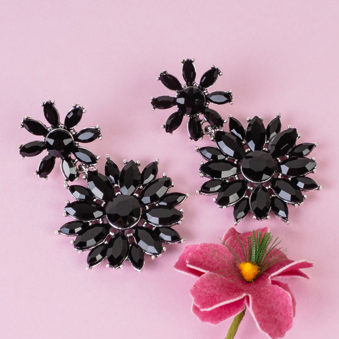 1325 - Rhinestone Flower Earrings - Black
