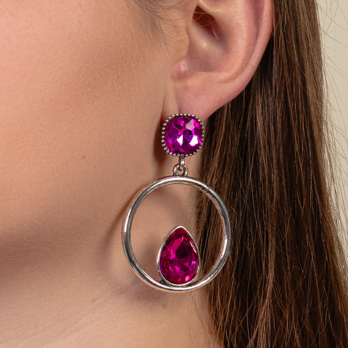1387 - Crystal Hoop Earrings - Fuchsia