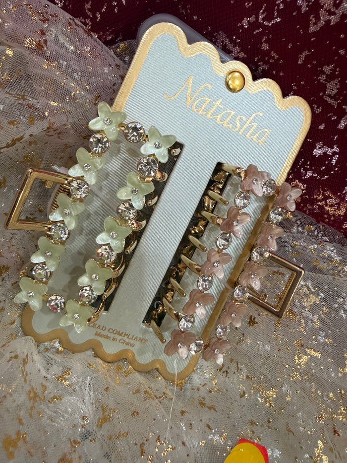 Acrylic and metal hair claw clips set with pearl and rhinestone embellishments, Anthropologie style