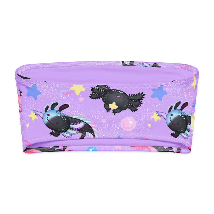 Axolotl kawaii bandeau bikini top with pastel axolotls and cosmic glitter