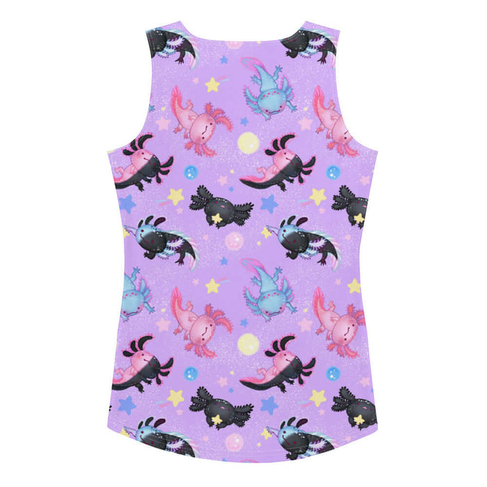 Axolotl kawaii tank top in lavender with pastel axolotls and cosmic glitter
