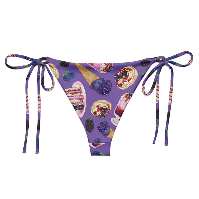 Berry kawaii string bikini bottom in violet with glossy jam tarts and green leaf sprigs