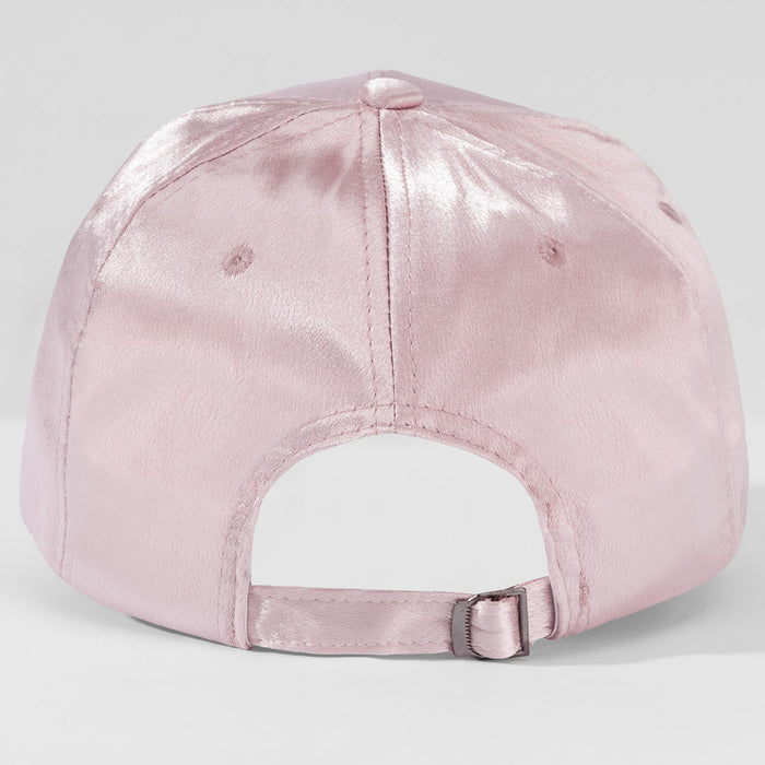 Hand-embroidered cherry detail on pink satin baseball cap - fun adjustable hat for all-day