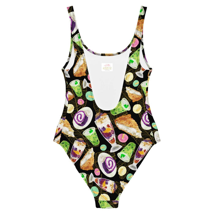 Filipino Dessert kawaii one-piece swimsuit with ube ice cream scoops and buko pandan drinks