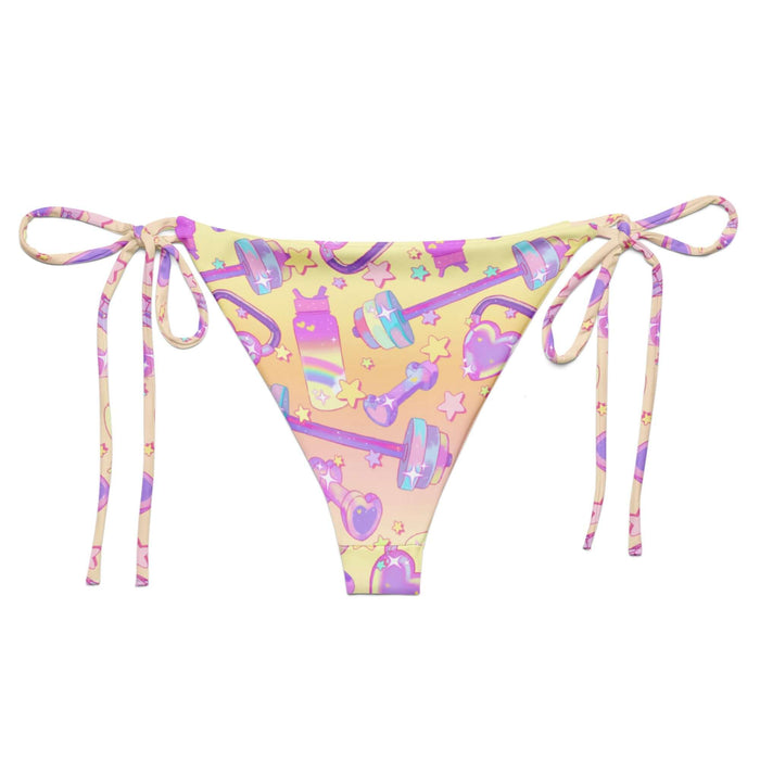 Glitter Gains kawaii string bikini bottom with pastel hearts and heart-shaped kettlebells, back view
