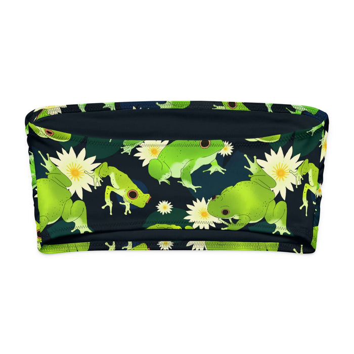 Kero-kero kawaii bandeau bikini top in green with webbed-toed frogs and white lotus blossoms
