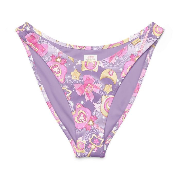 Magical Girl kawaii V-cut bikini bottom covered in magic scepters and heart gems, in pink or purple