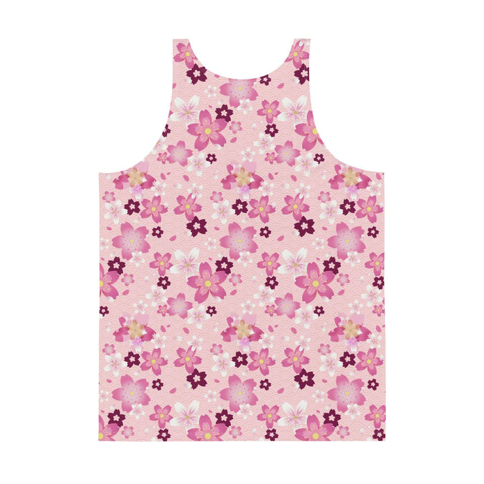 Sakura kawaii men's tank top in pink with wine-dark blossoms and pale blossom clusters