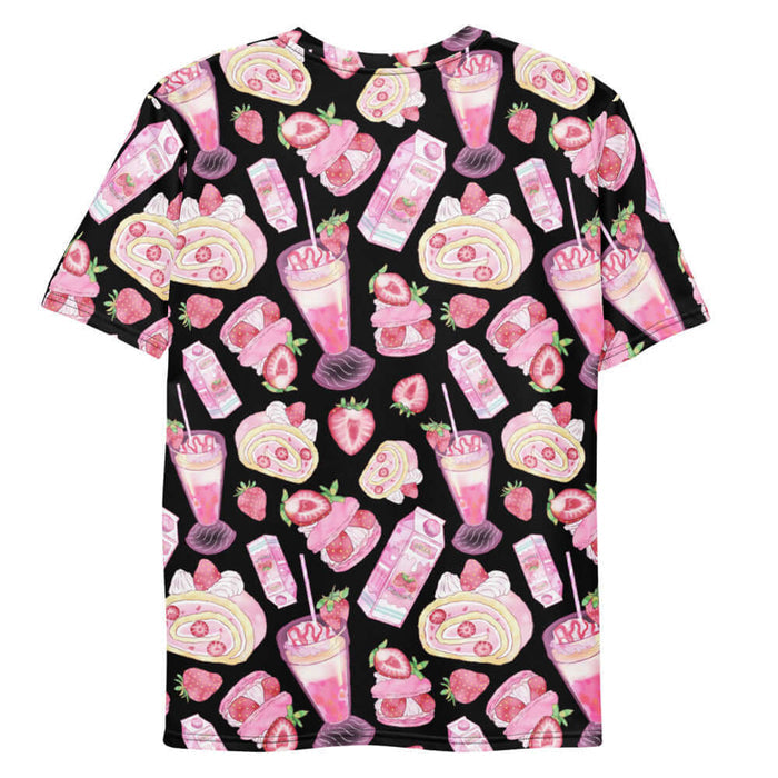 Pink kawaii Men's Strawberry tee with whole berries and macarons