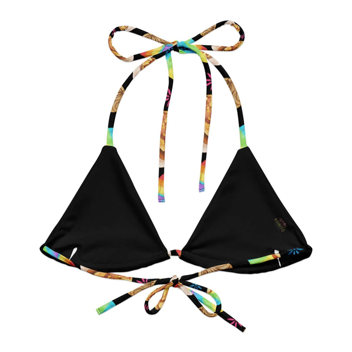 Pan Dulce kawaii padded string bikini top in yellow with pink cortadillos and rainbow-striped conchas