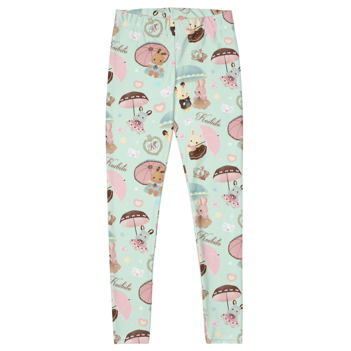 Parasol Bunny kawaii leggings with ruffle-dressed bunnies and tiny hearts