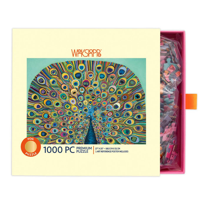 Werkshoppe 1000 piece puzzle packaging with colorful peacock design on a white background