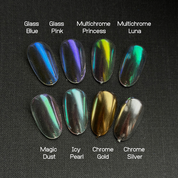 Kolekcja 8 pyłków Chrome Next Level od veryyou.pl - nowa generacja z gładką taflą: Multichrome Luna & Princess, Glass Blue & Pink, Magic Dust, Icy Pearl, Chrome Gold & Silver