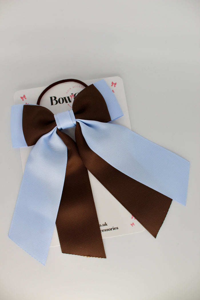 School Bow Bluebell and Brown - Double Layer Tail Bow – Elastic