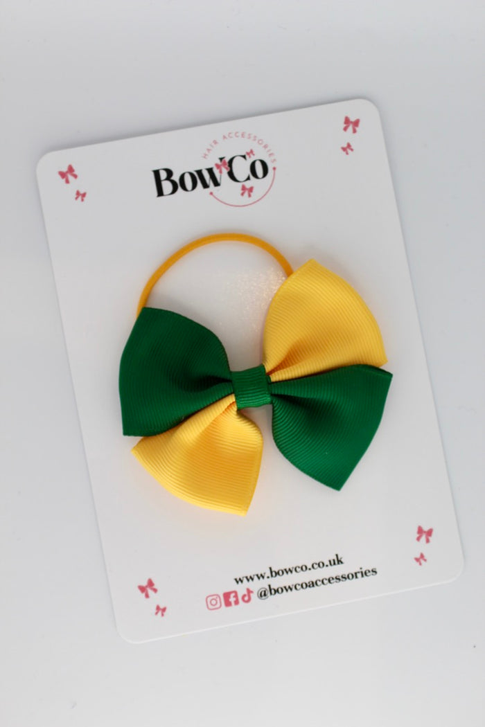 School Bow Forest Green and Yellow Gold - Twist Bow - Elastic