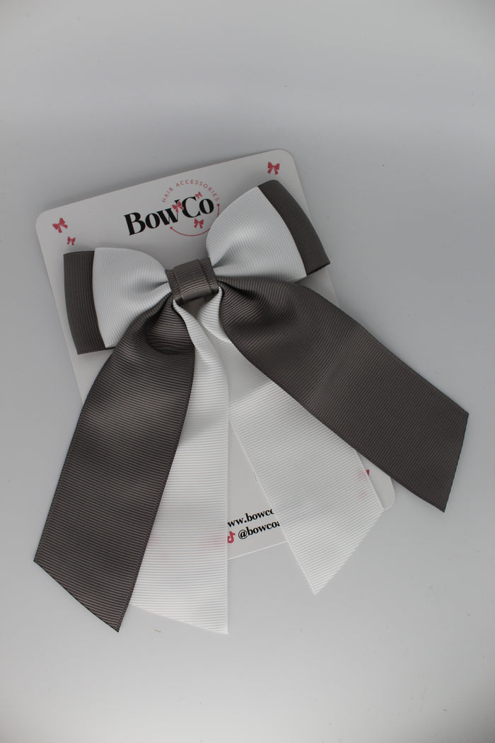School Bow Grey and White - Double Layer Tail Bow - Clip
