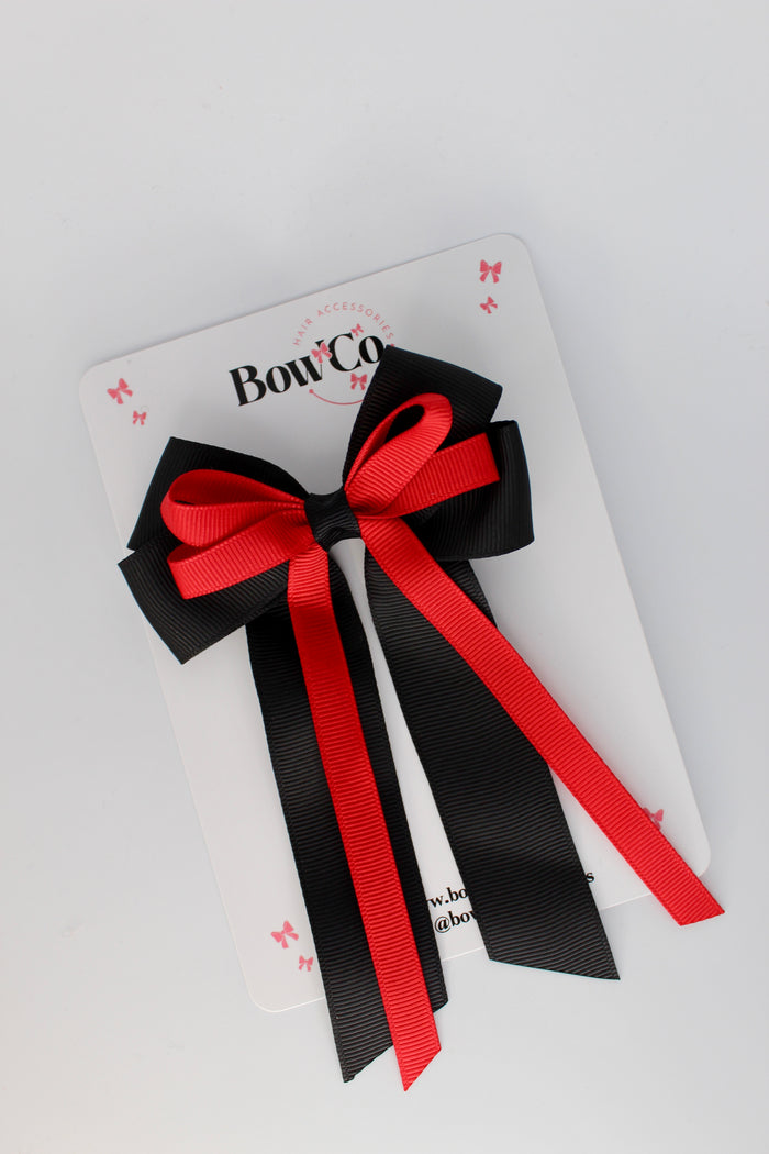School Bow Red and Black - Loop Bow Tail Clip