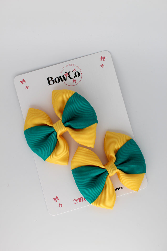 School Bows Jade Green and Yellow Gold - Round Tuxedo Bow Set - Clip