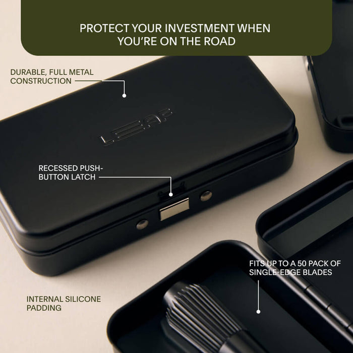 Black metal case with text highlighting features on a beige background.