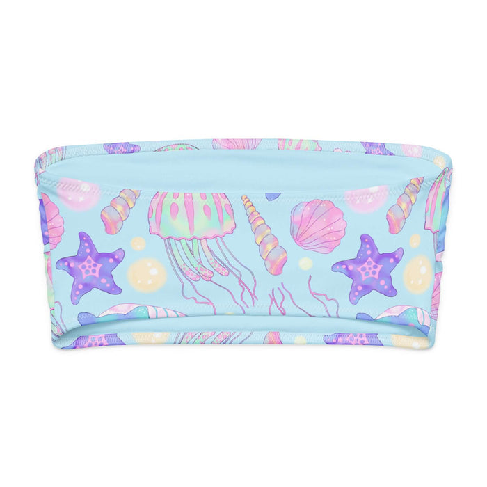 Under the Sea kawaii bandeau bikini top in blue with peach-striped tropical fish and blue narwhals