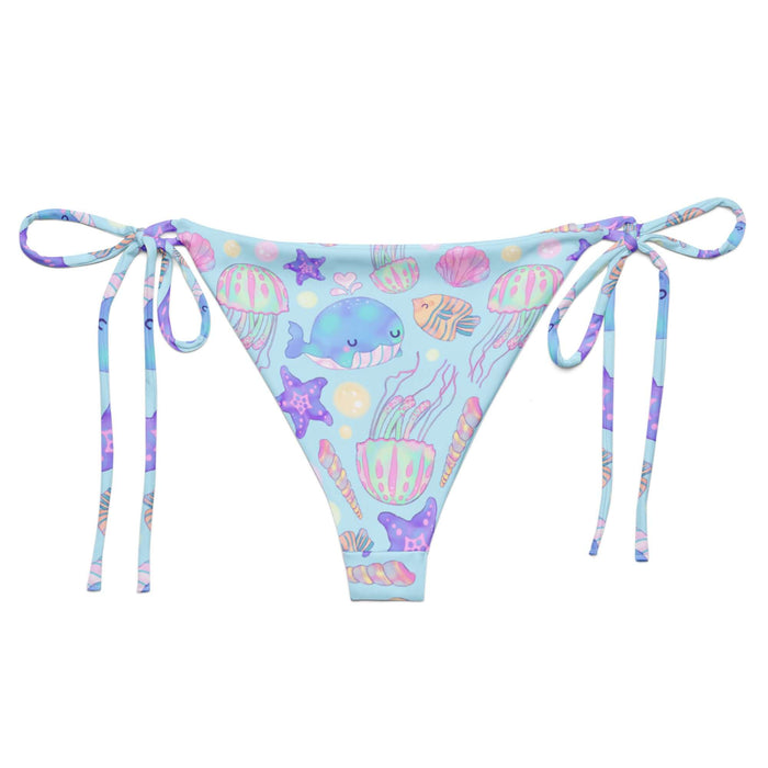 Under the Sea kawaii string bikini bottom in blue with pink jellyfish and coral seashells
