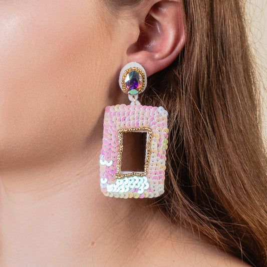 1324 - Sequin Rectangle Earrings - White
