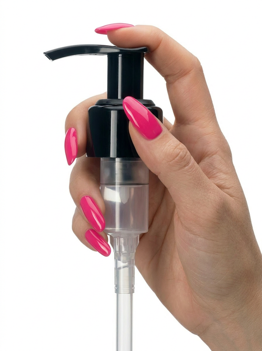 Hand holding a black pump dispenser with pink nail polish on a white background