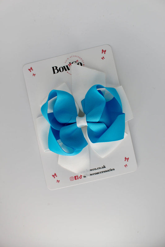 4.5 Inch Double Bow - Clip - Turquoise and White