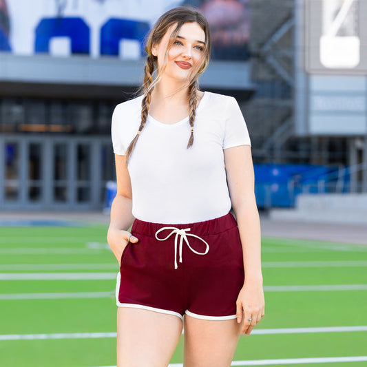 50023 - High-Waisted Varsity Game Day Shorts with Pockets - Burgundy