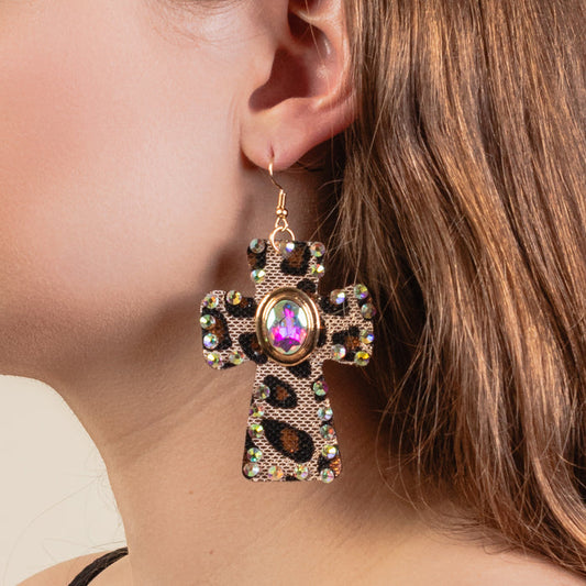 93265 - Animal Print Cross Earrings - Rose Gold