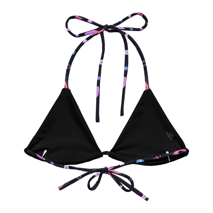 Axolotl kawaii padded string bikini top with pink and blue axolotls and cosmic glitter