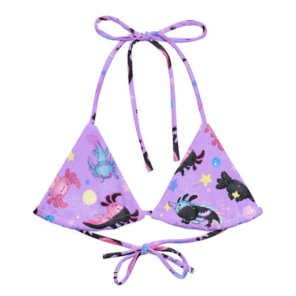Axolotl kawaii padded string bikini top with tiny pastel axolotls and stardust trails