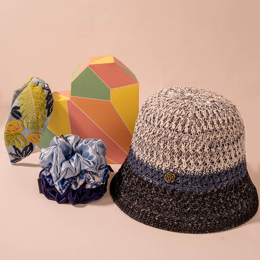 Beach Essential Gift Box with 1 Embroidered Hair Band, 1 Crochet Hat & 3 Scrunchies - Blue