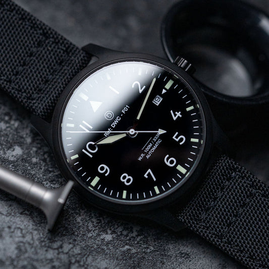 DIY Watchmaking Kit | 40mm Black Pilot Watch with Black Nylon Fabric Strap | F01 (8215 or 8315 Miyota movement)