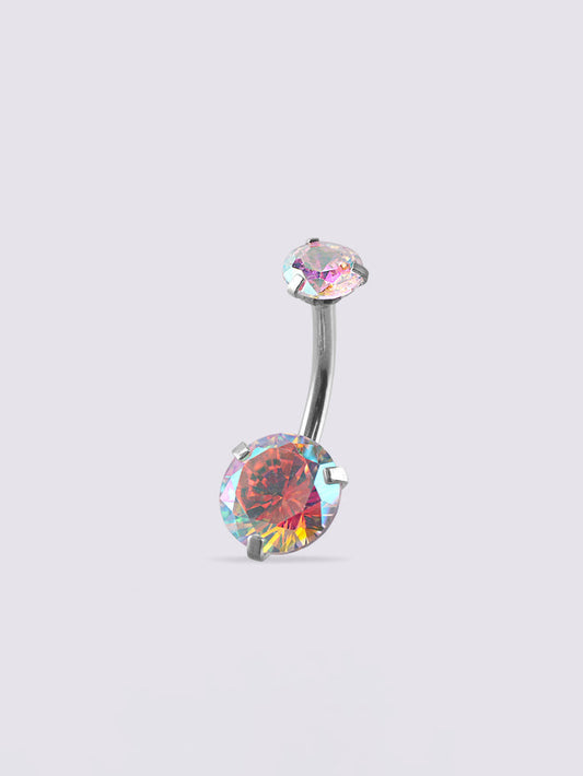 Gem Double Prong Set Navel Barbell 14G | Aurora Borealis-Image 1