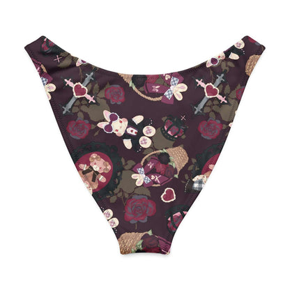 Gothic Teddy bikini bottom in mauve and charcoal with dark roses and ornate crosses, goth swimwear