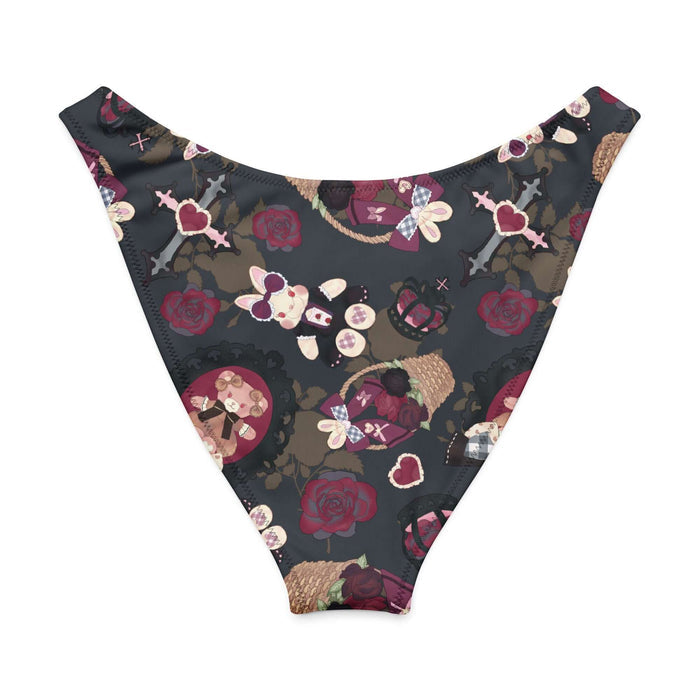 Gothic Teddy bikini bottom in mauve and charcoal with rose baskets and gingham hearts, alternative swim