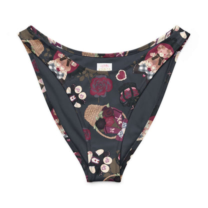 Gothic Teddy bikini bottom in mauve and charcoal with grey-blue roses and black bows, pastel goth swim