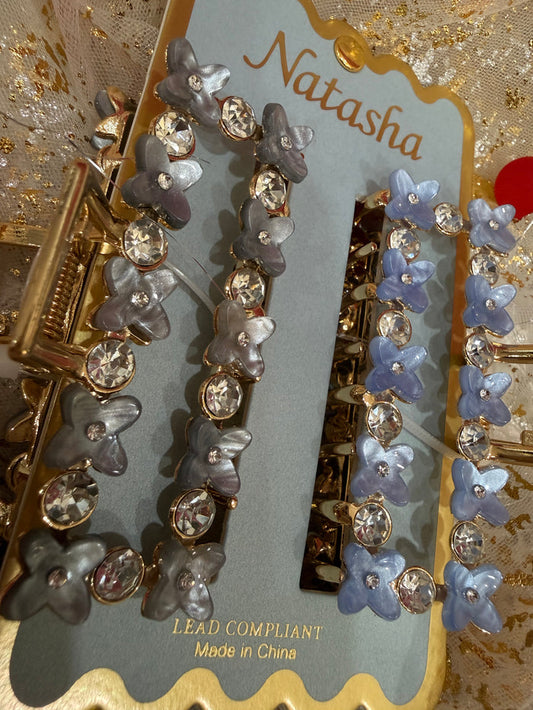 Metal hair claw clips with rhinestone and faux pearl embellishments, Natasha brand