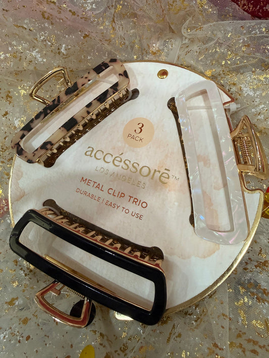 Metal hair clip trio set, Accessorize brand, tortoiseshell and black designs