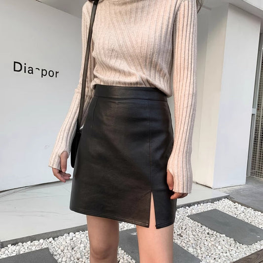 New AutumnWinter High-Waisted  Slimming  Bodycon Sexy PU Leather Skirt For Women