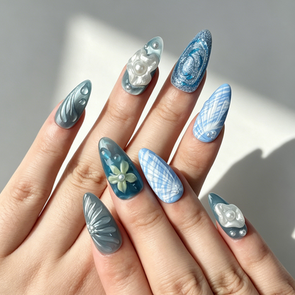 Cool Blue Ocean Press On Nails, 3D Flower Shell Pearl Cat Eye Nails on Hand