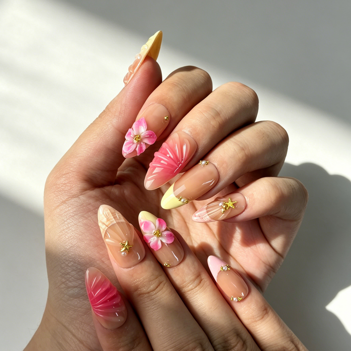 Close Up Nail Art, 3D Pink Flower Starfish Pearl Embossed Decor