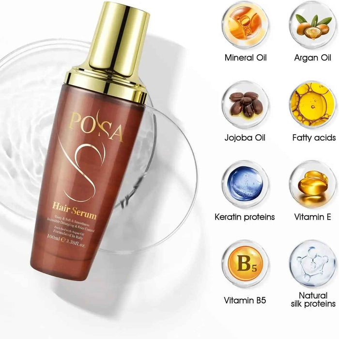 Close-up of POSA argan hair oil serum texture and pump dispenser