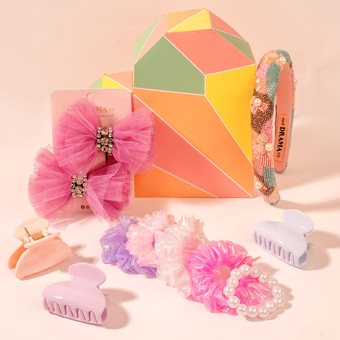 Rainbow Gift Box with 1 Embroidered Hair Band, 5 Holographic Scrunchies, 3 Claw Clips & 2 Tulle Hair Bows - Multi