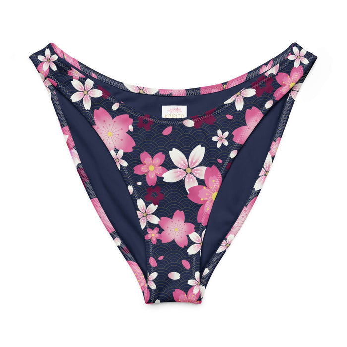 Sakura kawaii V-cut bikini bottom in pink with drifting cherry blossom petals and golden wave arcs