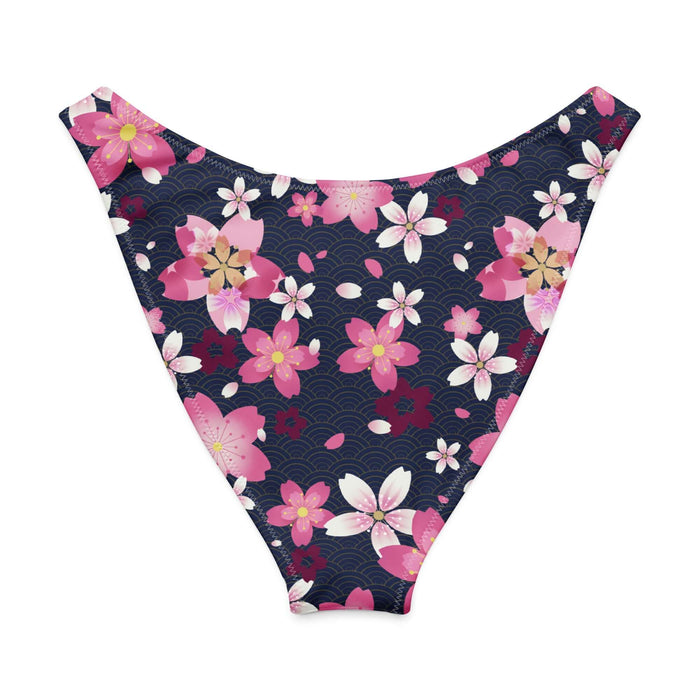 Sakura kawaii V-cut bikini bottom in pink with bright pink sakura and white-centered wine blooms