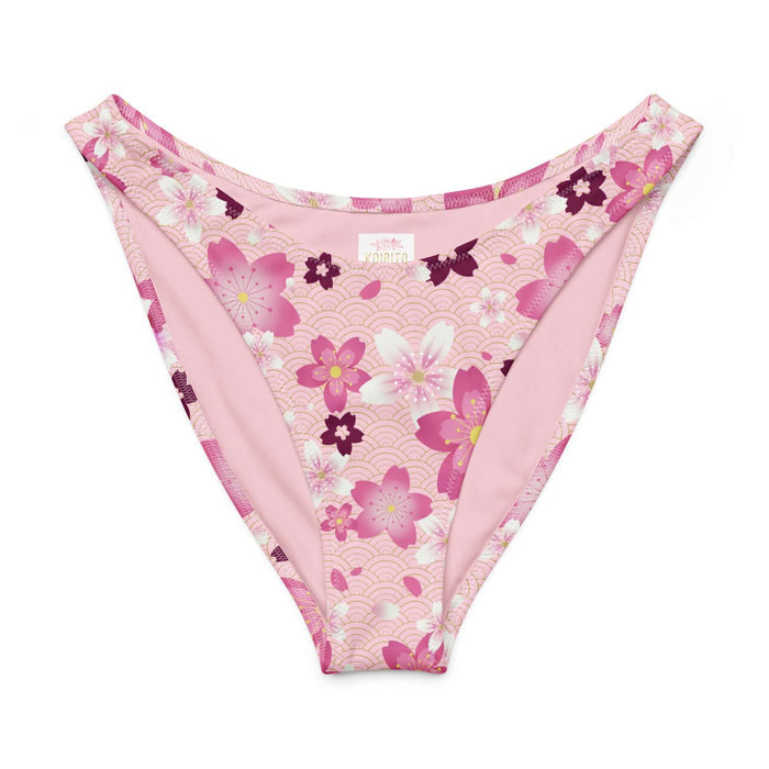 Sakura kawaii V-cut bikini bottom in pink with golden-centered sakura and gold seigaiha waves