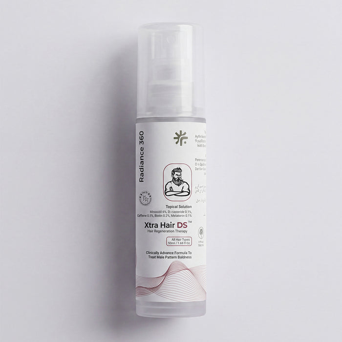 Hair regrowth product bottle labeled 'Xtra Hair DS' on a light gray background
